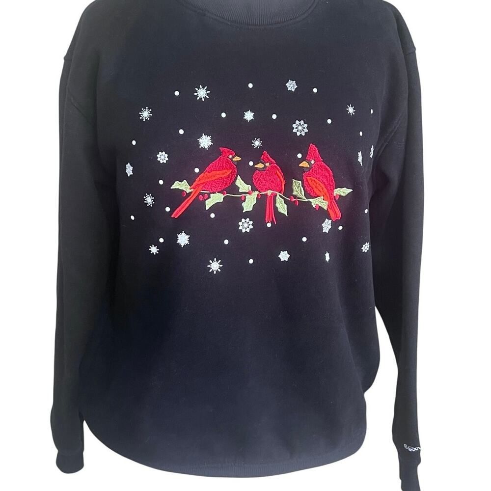Vintage Embroidered Cardinal Christmas Snowflake Shirt Black King Universal L